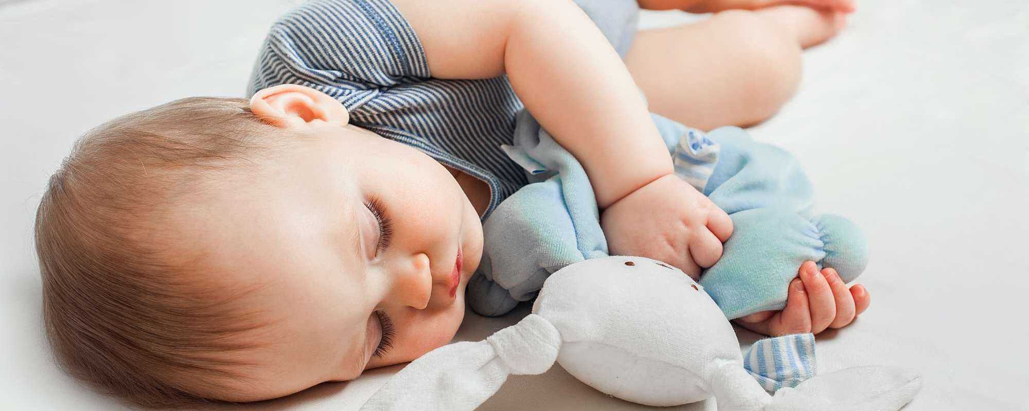 Baby in Blue Sleeping with Plushie